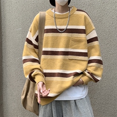 秋冬男针织衫圆领套头毛衣针织衫条纹拼色羊仔晴外套M7115P40，男装针织衫/毛衣，星座1013-1