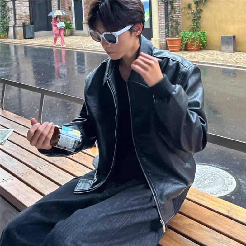 现货美式短款红内宽松潮流机车PU皮外套J879/P70,男装皮衣,星座205-3