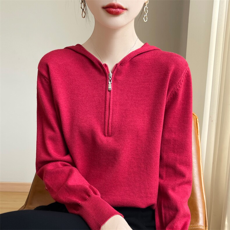 半拉链连帽针织衫毛衣女士高级感宽松休闲外套帽衫外搭上衣,针织衫/毛衣,源达羊绒
