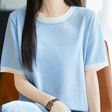 夏季新款韩版宽松短袖针织衫女圆领拼色百搭上衣，女装针织衫/毛衣，唐诺