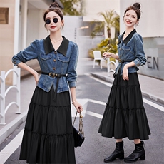 套装女2024春季新款时尚休闲牛仔上衣单排扣中长款连衣裙，女装连衣裙，天丝秀