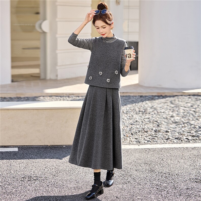 DLM2026春装新款毛呢马甲A版立体定花朵半身裙三件套装洋气套裙,女装套装/套裙,朵莱米