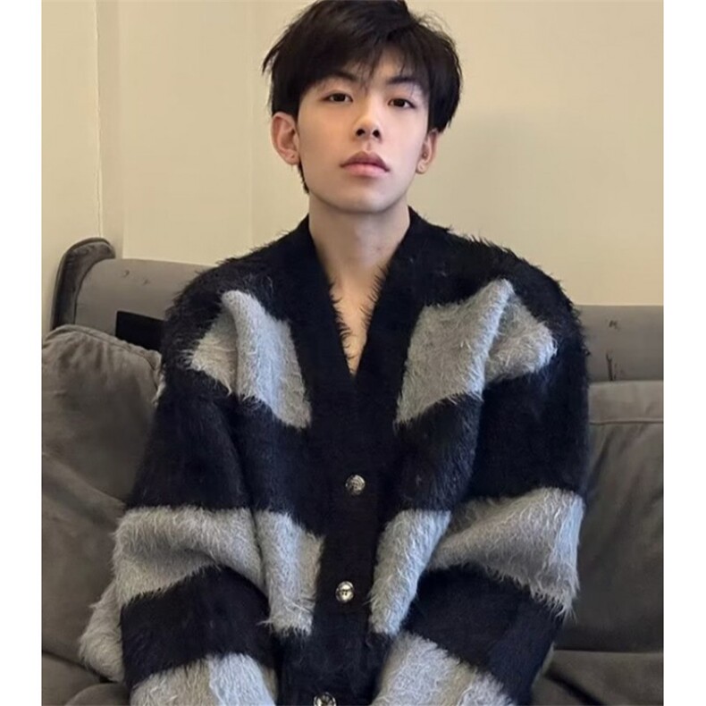 撞色V领开衫毛衣男慵懒风宽松条纹仿水貂绒针织情侣外套MY9179,男装针织衫/毛衣,星座1116A（原606A-3）
