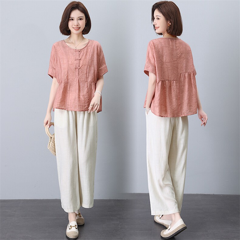 棉麻套装女2025夏季新款高端时尚洋气减龄遮肚显瘦休闲妈妈两件套，女装套装/套裙，阿丹