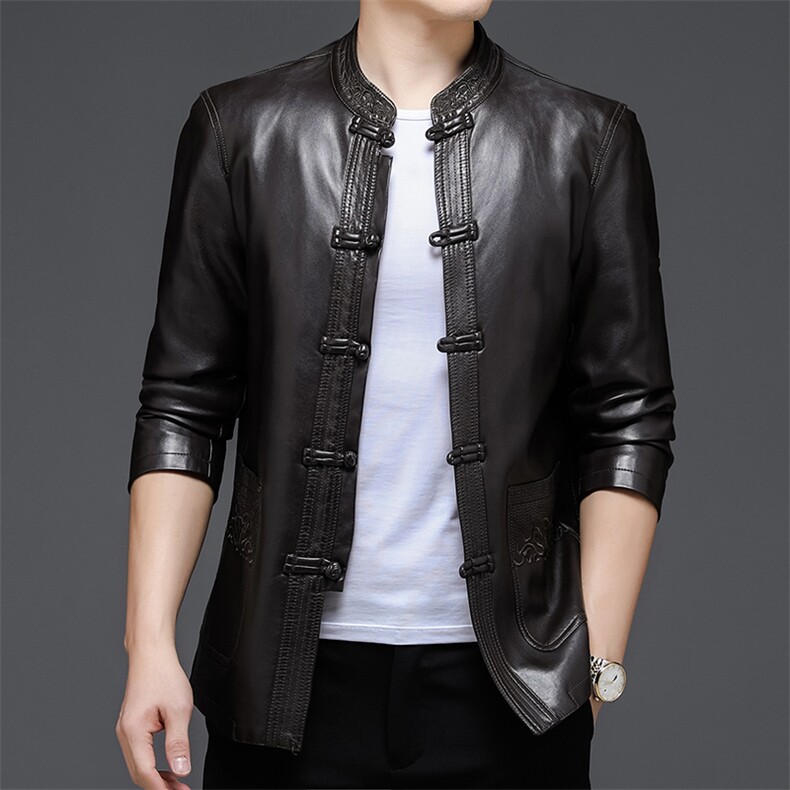 秋冬风男士商务休闲皮衣中年男装纯色唐装外套NX703-P125，男装皮衣，星座1105-3