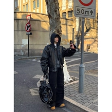 pu皮衣外套男新款春秋宽松美式复古连帽皮夹克上衣LGP4000-P88，男装夹克，星座1008