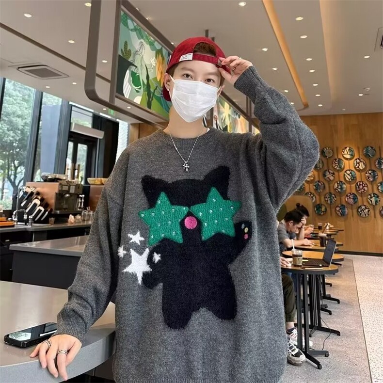 圆领猫咪毛衣女美式复古慵懒风软糯设计感超好看套头上衣M321,男装针织衫/毛衣,星座1116A-1（原606A）
