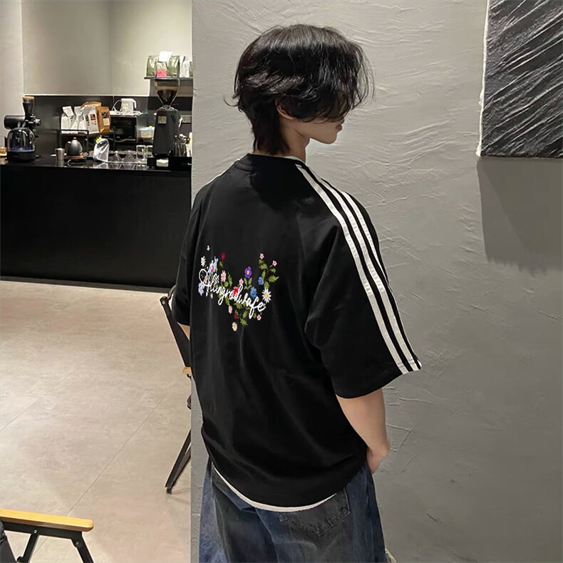 抖音得物高品质二开240克宽松纯棉美式潮牌三条杠织带短袖T恤,男装T恤,电商A486-1
