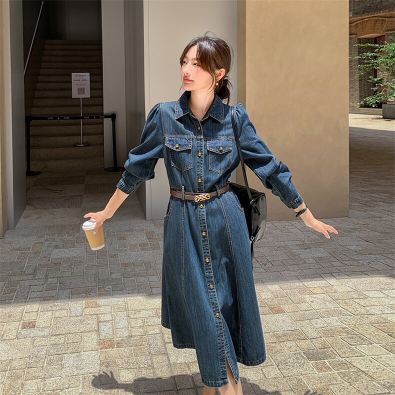 蓝色简单大方的连衣裙女2025春季新款高级感气质收腰显瘦衬衫裙子,女装连衣裙,浙宝069