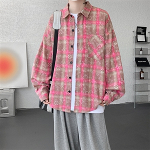 衬衫男秋季新款港风宽松大码磨毛格子扎染长袖衬衣CS507-P35图片
