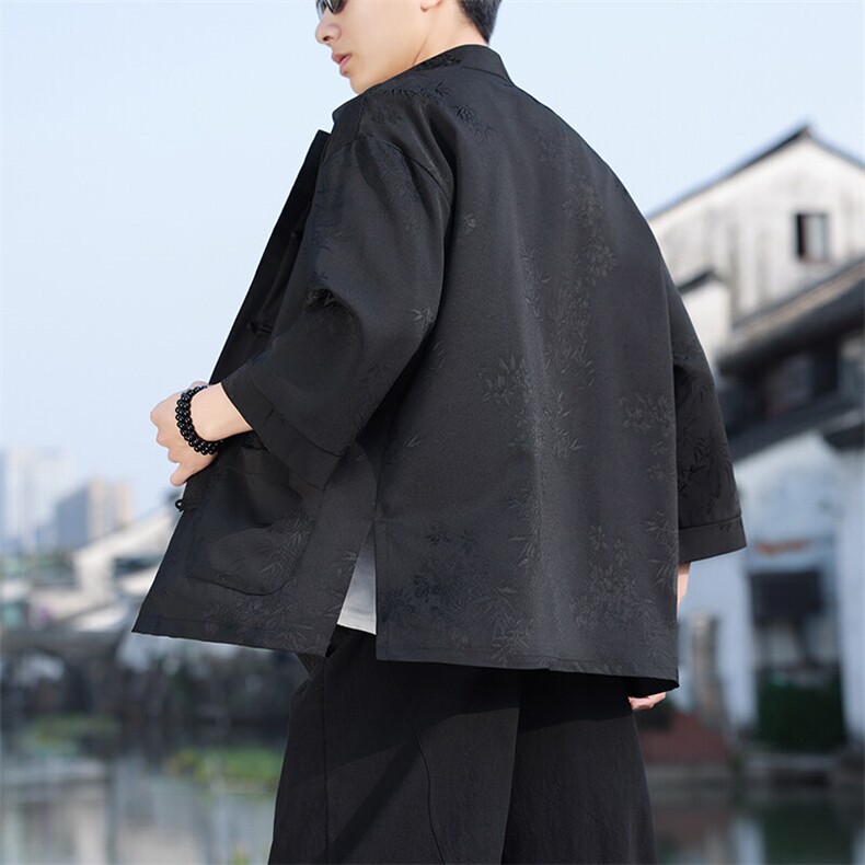 2025夏季新款男士风竹子提花衬衫宽松大码立领上衣CS2503-P70,男装衬衫,电商A008