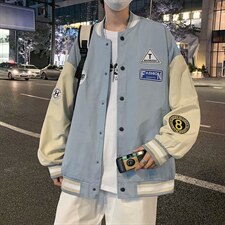 新款春秋外套男潮牌宽松立领拼色夹克韩版棒球服上衣J437-P48图片
