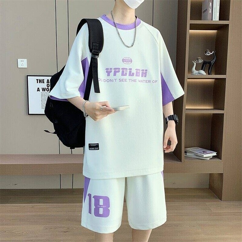 TZ25333-P55夏季休闲T恤短裤男两件套青少年学生运动短袖套装,男装牛仔裤,电商D310B