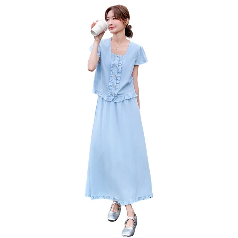 减龄蓝色花边衬衣半身裙套装女夏2025新款气质大方得体超火两件套,女装套装/套裙,2D045