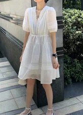 新款可盐可甜气质V领抽绳设计连衣裙，女装连衣裙，L·H·X