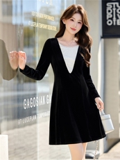 丝绒连衣裙2026春装新款时尚气质修身V领小个子短裙，女装连衣裙，天丝秀