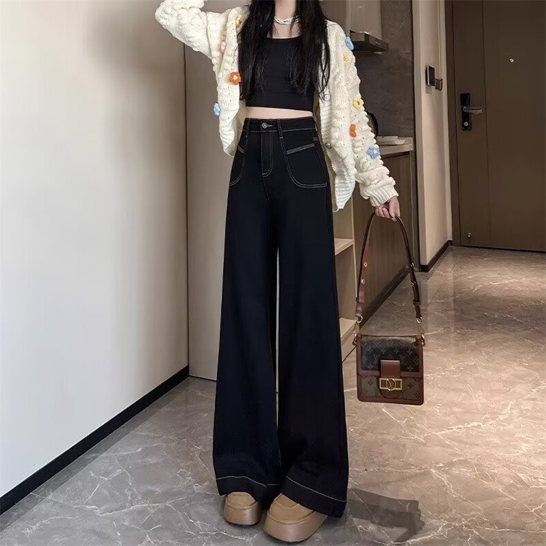黑色大喇叭阔腿牛仔裤女春季新款高腰宽松设计感显瘦直筒喇叭裤子,男装牛仔裤,星座1210-1