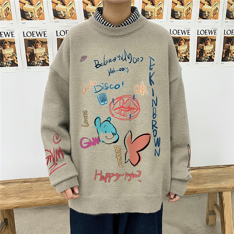 1港风圆领中性情侣潮流大码M-5XL印花加厚毛衣男7696P55加绒P70，男装针织衫/毛衣，星座226-2