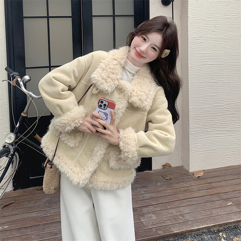 粉色浪漫皮毛一体羊羔毛外套女秋冬温柔风独特高级感小个子棉衣,女装短外套,2C232