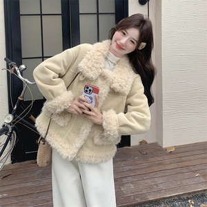 粉色浪漫皮毛一体羊羔毛外套女秋冬温柔风独特高级感小个子棉衣图片