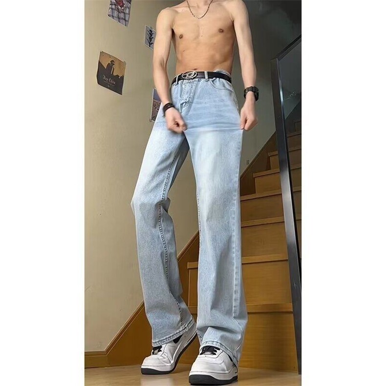 浅蓝色高腰弯刀牛仔裤男款夏季薄款高个子显瘦裤子直筒提档微喇裤,男装牛仔裤,星座1008