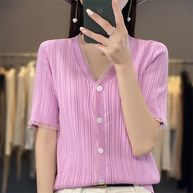 蕾丝开衫短袖t恤女夏季2025新款打底衫洋气女装冰丝针织上衣图片
