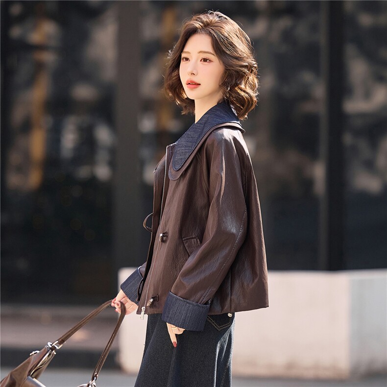 【春季女装新款】大量现货时尚牛仔相拼宽松短款皮衣外套,女装皮衣,魅衣本色