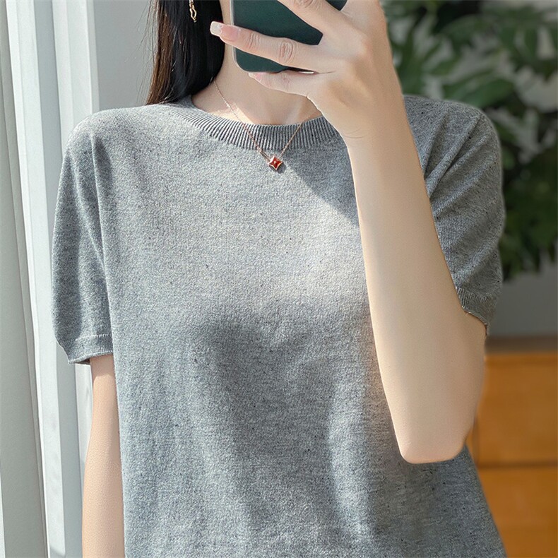 夏季薄款精纺羊毛圆领短袖T恤女点子纱宽松半袖针织外穿内搭上衣,女装T恤,片语羊绒