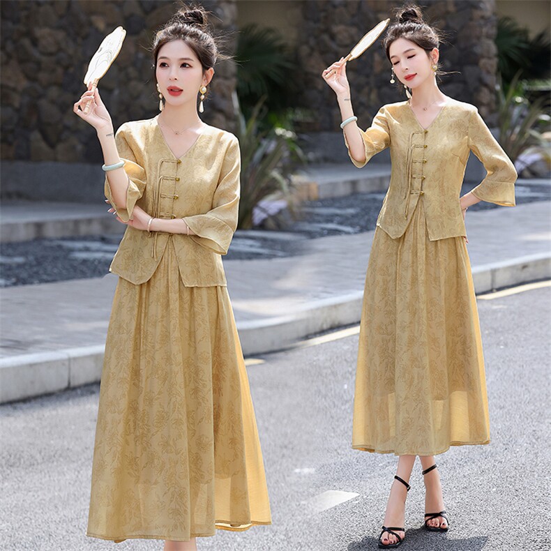 新中式国风套装2024夏季新款高级感温柔气质盘扣衬衫半身裙两件套，女装套装/套裙，宫村