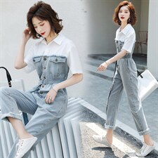 2026夏装新款时尚休闲高腰衬衫牛仔拼接连体裤长裤（配腰带），女装连体裤，印象茜