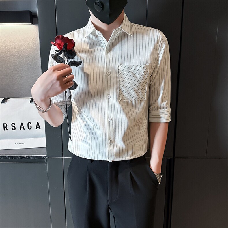 夏季男士七分袖条纹衬衫男休闲修身休闲衬衣A236-C660-P55图片