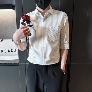 夏季男士七分袖条纹衬衫男休闲修身休闲衬衣A236-C660-P55图片