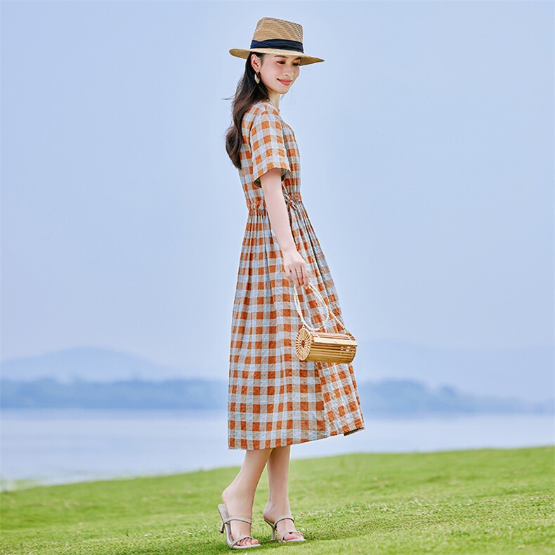 棉麻连衣裙夏季2025新款衣服大码女装高端精致气质宽松格子长裙子,女装连衣裙,铭街依杨