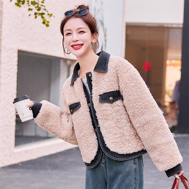 牛仔拼接粉色羊羔毛外套女冬季2025新款小个子独特超好看显瘦棉服,女装羊羔毛/颗粒绒,慧尚依恋