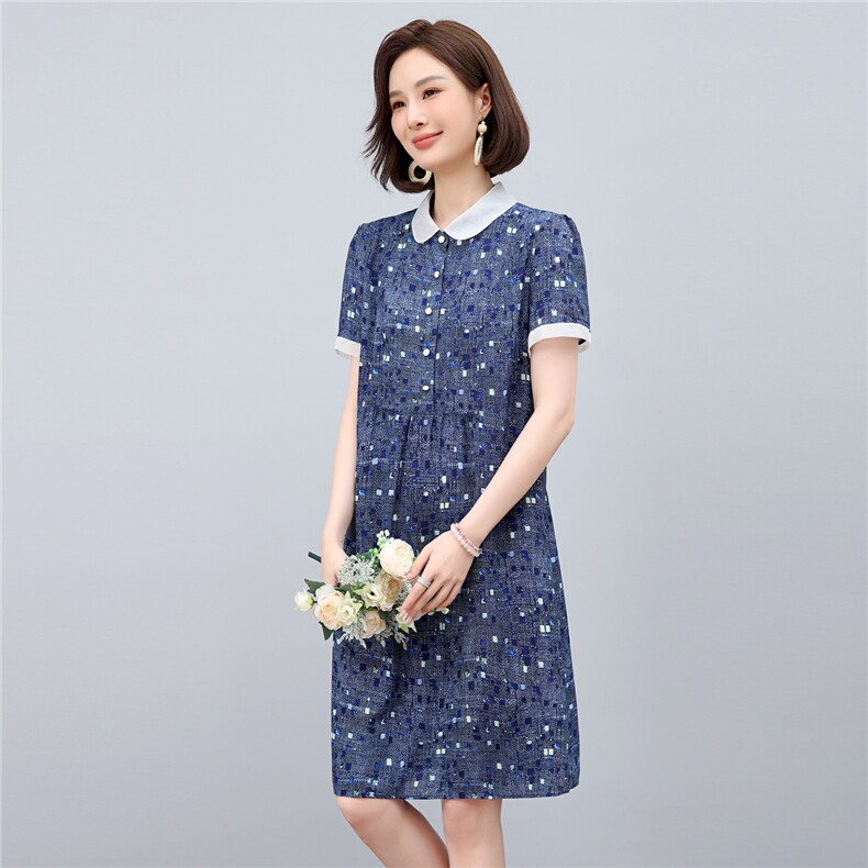 2025年夏季优雅气质碎花娃娃领时尚休闲碎花连衣裙,女装连衣裙,依恋蒂丝