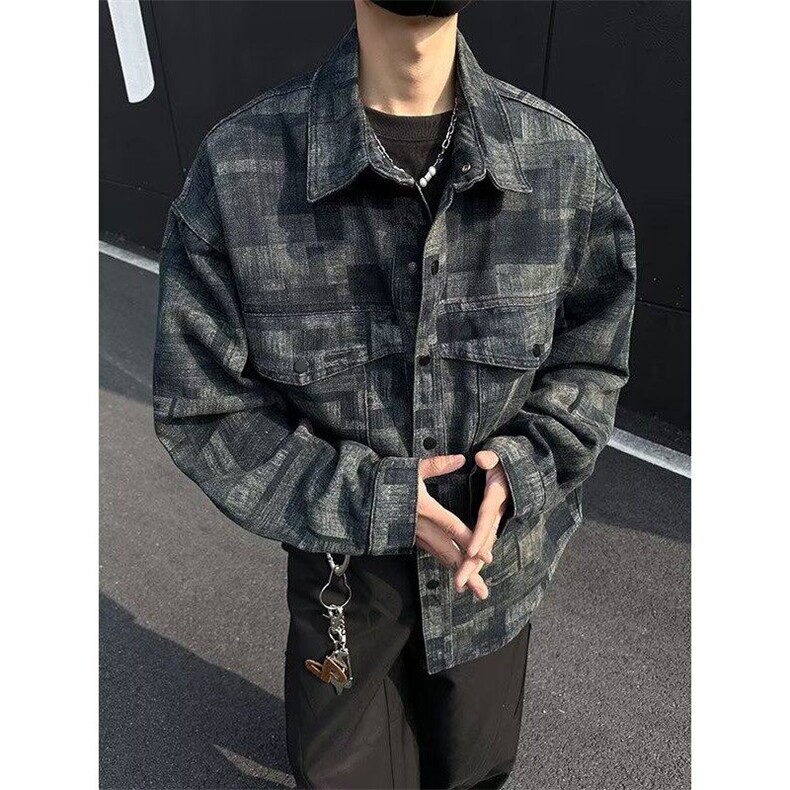 复古格纹牛仔外套男春秋季休闲翻领夹克男上衣服JK3595,男装夹克,星座1116A（原606A-3）