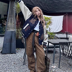 潮牌复古美式棒球服外套男女春秋拼接刺绣字母高街百搭情侣夹克，男装夹克，星座1210-1