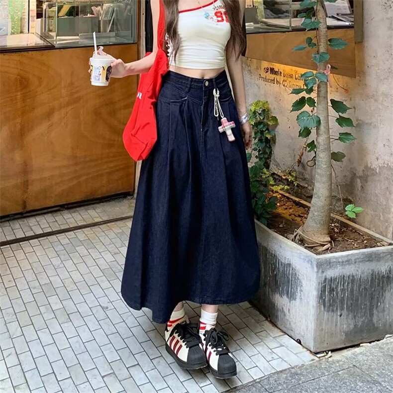 深蓝色牛仔半身裙女2025夏季新款港风高腰显瘦长款宽松a字中长裙，女装半身裙，星座1210-1