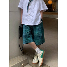复古格子五分短裤男宽松直筒夏季百搭休闲中裤ins情侣款LD111-P28，男装牛仔裤，星座1008