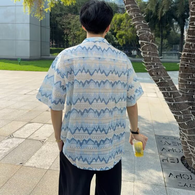 高品质夏威夷镂空短袖衬衫空肌理感夏威夷花衬衫,男装T恤,星座506A