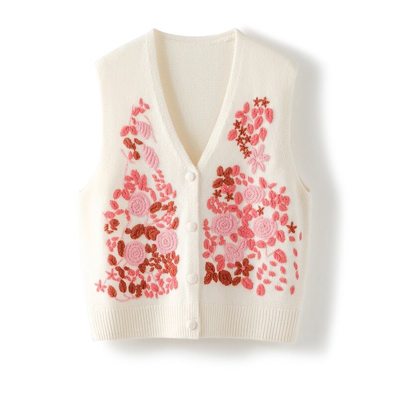 2025年秋季时尚百搭通勤简约休闲V领绣花马甲，女装马甲，致织羊绒