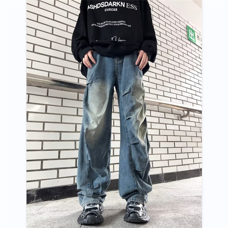 美式牛仔裤男韩版潮流褶皱高街帅2023秋冬新款ins长裤KR1145-P50,男装牛仔裤,星座412-3