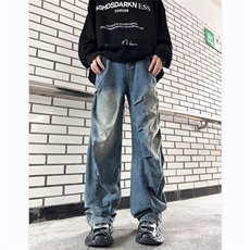 美式牛仔裤男韩版潮流褶皱高街帅2023秋冬新款ins长裤KR1145-P50，男装牛仔裤，星座412-3