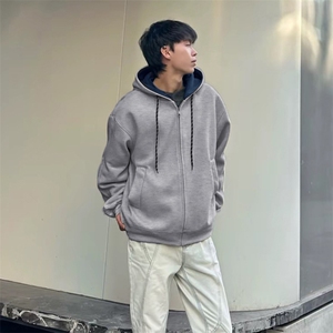 抖音得物二开美式高街重磅结构双层撞色连帽卫衣开衫外套W116图片