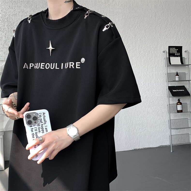 8XL-M夏季小众解构飞机扣一字肩设计稿短袖立体T恤卫衣男DX331P58,男装卫衣,电商D206-1