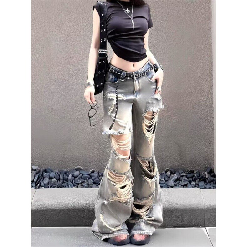 美式复古破洞牛仔裤女夏季新款街头辣妹穿搭阔腿长裤LA2044-P45,男装牛仔裤,星座1008