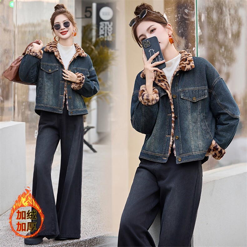 牛仔拼接豹纹皮毛一体外套女2024冬新款小个子加厚超好看显瘦棉服，女装牛仔外套，江南女神