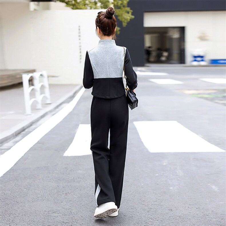 欧洲站2025春装新款撞色立领外套高腰直筒裤两件套运动休闲套装女,女装套装/套裙,梦依杭