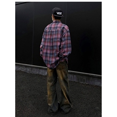 CP1223-P38日系复古格子宽松休闲单排扣口袋长袖格纹衬衫，男装衬衫，电商B323A