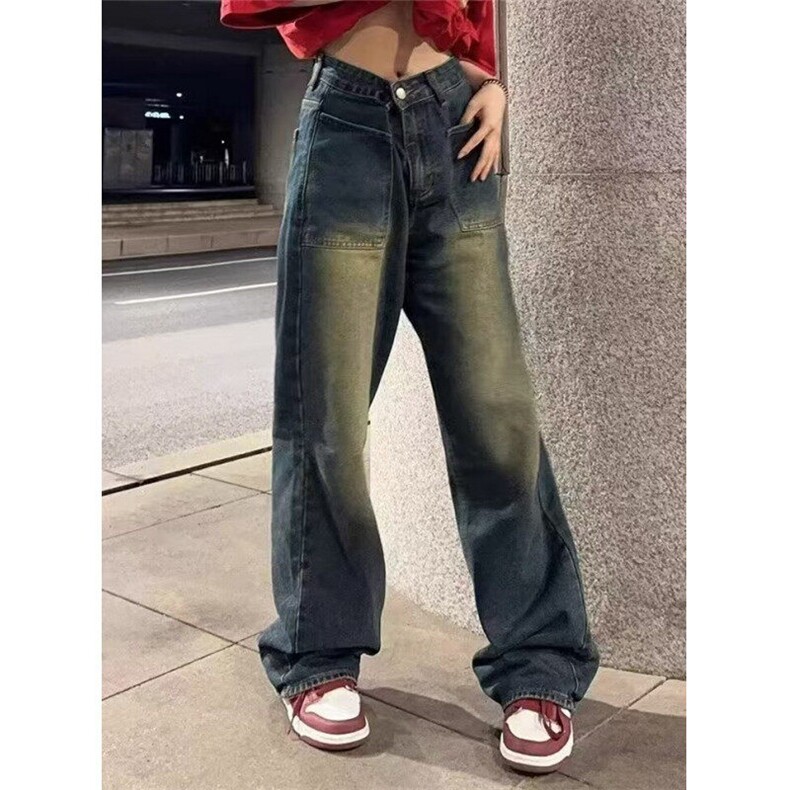 高街vibe风深蓝黄泥色水洗做旧直筒牛仔裤女宽松裤子 NA1038图片
